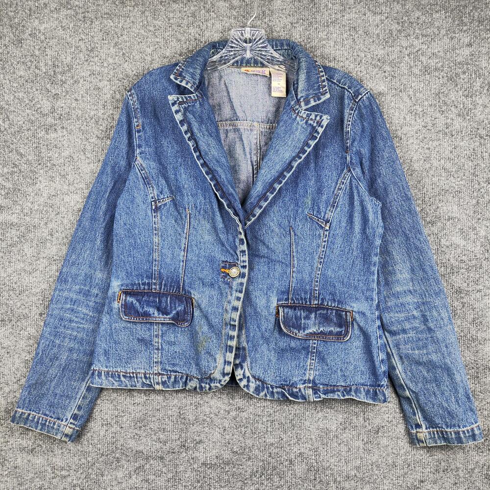 Bill Blass Blazer Womens Medium Blue Denim Jean Button Front Casual Jacket